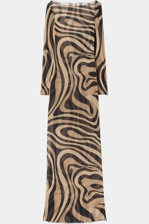 Puccini Marmo-Print Sheer Mesh Long-Sleeve Maxi Dress