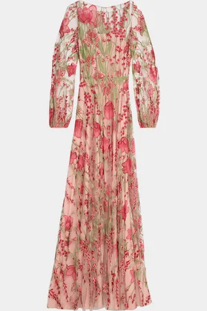 Naeem Khan Floral Embroidered Blouson-Sleeve Gown
