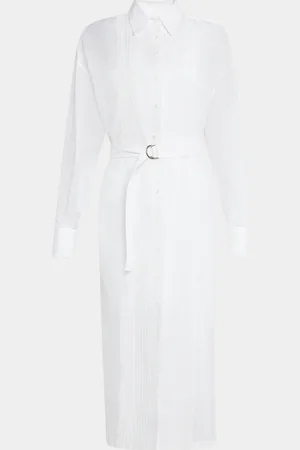 Brunello Cucinelli Tuxedo Bib Long-Sleeve Belted Organza Tunic Shirt