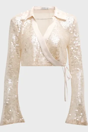 Simkhai Finch Metallic Sequin Long-Sleeve Crop Wrap Top