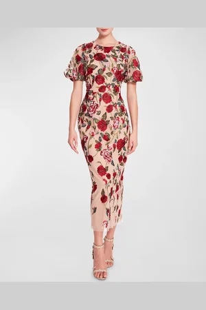 Marchesa Notte Floral-Embroidered Bodycon Midi Dress
