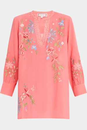 JOHNNY WAS Voyager Floral-Embroidered Henley Tunic