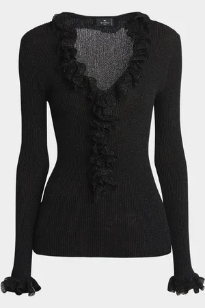 Etro Metallic Rib Ruffle V-Neck Sweater