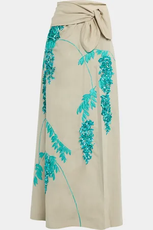 Bernadette Floral Sequin Embroidered Linen Slit Maxi Skirt