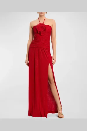 Rebecca Vallance Samantha Side-Slit Shimmer Halter Gown