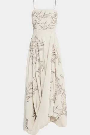 Brunello Cucinelli Herbarium Embroidered Linen Bubble Midi Dress