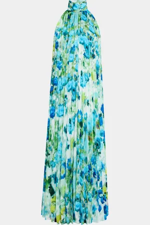 Emanuel Ungaro Pleated Watercolor-Print Halter Midi Dress