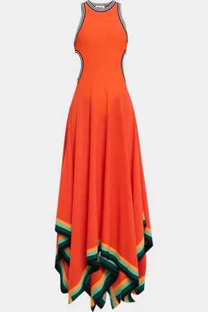 Christopher John Rogers Striped Cutout Handkerchief-Hem Maxi Tank Dress