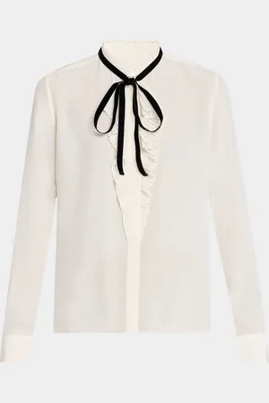 Frame Ruffled Velvet-Tie Blouse