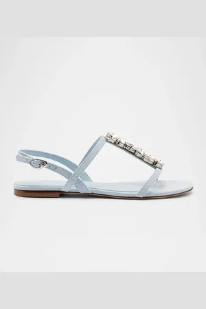 Larroude Calypso Embellished Denim Flat T-Strap Sandals