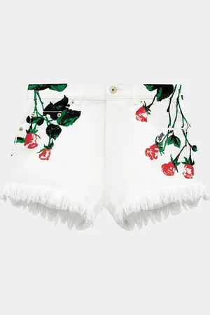 Loewe Flower-Print Fringed Peekaboo Denim Shorts