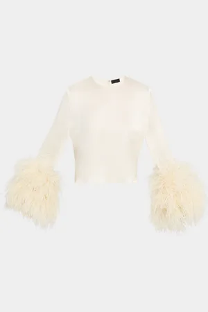 LAPOINTE Feather-Trim Long-Sleeve Crop Satin Top