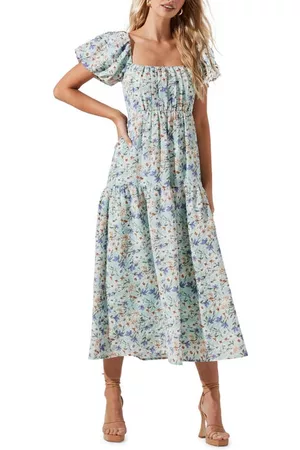 ASTR Women Puff Sleeve & Puff Shoulder Dresses - Puff Sleeve Floral Cotton Midi Dress in Blue Green Multi Floral at Nordstrom