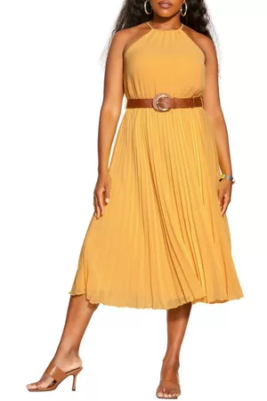 City Chic Pleated Belted A-Line Midi Dress in Sunshine at Nordstrom
