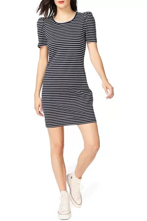 Court & Rowe Classic Stripe Puff Short Sleeve Cotton Dress in Night at Nordstrom