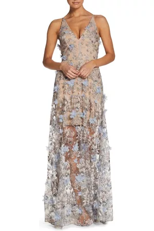Dress The Population Sidney Deep V-Neck 3D Lace Gown in Mineral Floral at Nordstrom