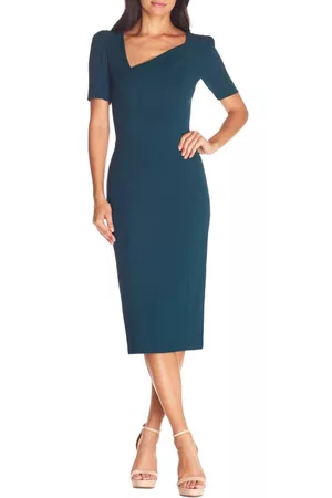 Dress The Population Ruth Asymmetrical Neck Midi Dress in Pine at Nordstrom