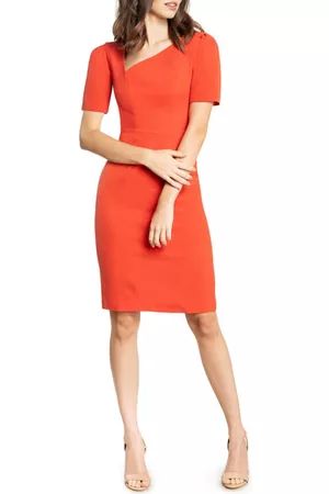 Dress The Population Ruth Asymmetrical Neck Midi Dress in Poppy at Nordstrom