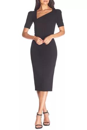 Dress The Population Women Asymmetrical Dresses - Ruth Asymmetrical Neck Midi Dress in Black at Nordstrom