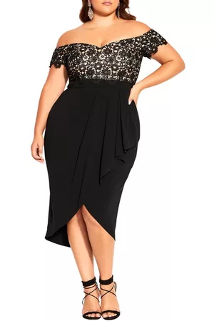 City Chic Women Strapless Dresses - Off the Shoulder Floral Lace Midi Dress in Black at Nordstrom