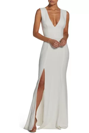 Dress The Population Sandra Plunge Crepe Trumpet Gown in Off at Nordstrom