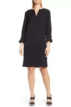 Ming Wang Women Shift Dresses - Buckle Cuff Crepe Shift Dress in Black at Nordstrom