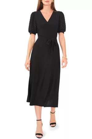Chaussmoi Women Puff Sleeve & Puff Shoulder Dresses - Clip Dot Puff Sleeve Tie Front Midi Dress in Black at Nordstrom