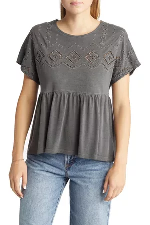 Lucky Brand Embroidered Eyelet Babydoll Top in Washed Black at Nordstrom