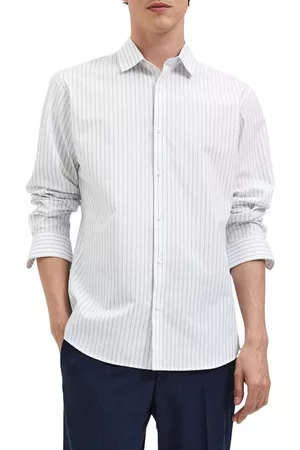 SELECTED Women Casual Dresses - Stripe Stretch Organic Cotton Blend Dress Shirt in Bright White at Nordstrom