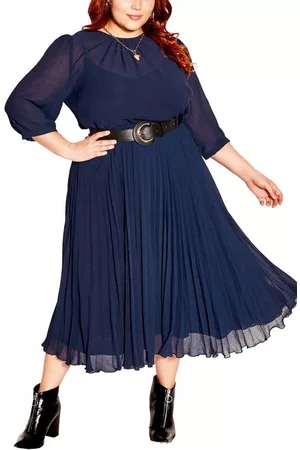 City Chic Love Pleat Belted Dress in Navy at Nordstrom