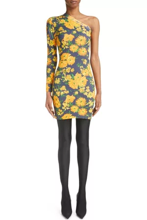 Balenciaga Women Mini Dresses - Floral Print One-Shoulder Stretch Cotton Minidress in Yellow/Navy at Nordstrom