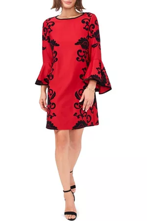 Chaussmoi Women Printed & Patterned Dresses - Floral Flocked Velvet Bell Sleeve Shift Dress in Red/Black at Nordstrom