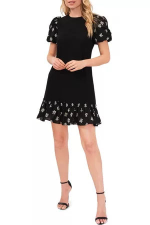 CE&CE Women Puff Sleeve & Puff Shoulder Dresses - Floral Embroidered Puff Sleeve Dress in Rich Black at Nordstrom