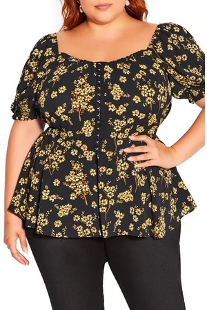 City Chic Quirky Corset Peplum Blouse in Golden Posy at Nordstrom