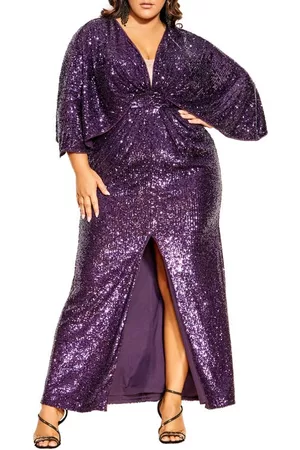 City Chic Women Evening Dresses - Sofia Luxe Sequin Gown in Royal Purple at Nordstrom
