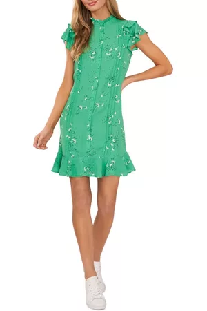CE&CE Women Printed & Patterned Dresses - Floral Button Front Flutter Sleeve Dress in Soft Emerald at Nordstrom