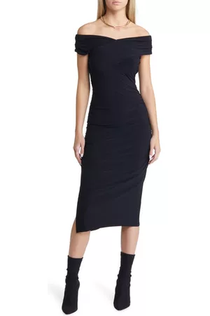 Open Edit Women Strapless Dresses - Crossover Off the Shoulder Midi Dress in Black at Nordstrom