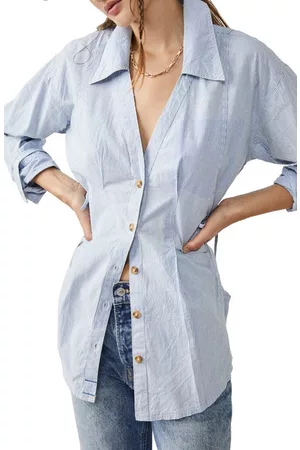 Free People Marten Oxford Stripe Tunic Blouse in Blue Combo at Nordstrom