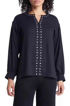 Ming Wang Split Neck Studded Trim Tunic Top in Black at Nordstrom
