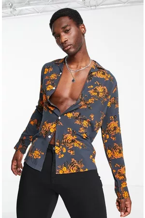 ASOS Long sleeved Shirts - Floral Revere Long Sleeve Button-Up Shirt in Grey at Nordstrom