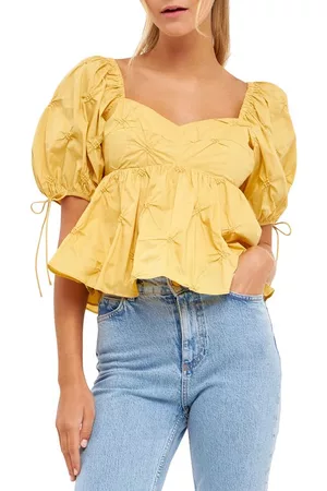 ENGLISH FACTORY Textured Cotton Babydoll Top in Mustard at Nordstrom
