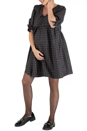 Cache Coeur Janis Windowpane Tie Sleeve Maternity/Nursing Dress in Grey at Nordstrom