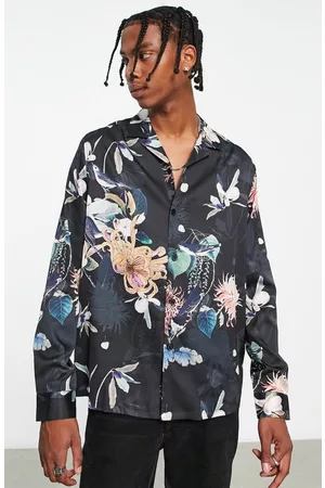 ASOS Floral Print Relaxed Fit Satin Button-Up Shirt in Black at Nordstrom
