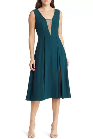 Dress The Population Eleni Illusion Neck Pleated Dress in Pine at Nordstrom
