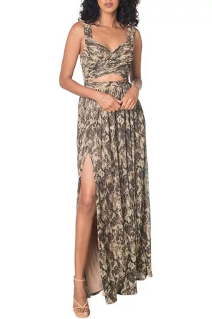 Dress The Population Mirabella Cutout Evening Gown in Black Multi/Tan at Nordstrom