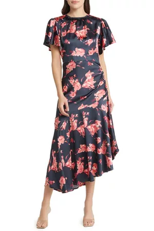 Chelsea Asymmetrical Dresses - Flutter Sleeve Asymmetric Hem Dress in Navy Joss Floral at Nordstrom
