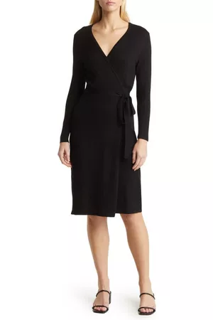 Anne Klein Women Long Knitted Dresses - Long Sleeve Faux Wrap Sweater Dress in Black at Nordstrom