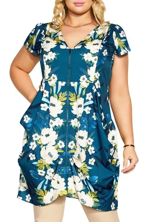 City Chic Bodycon Dresses - Emma Floral V-Neck Fitted Tunic Dress in Teal Mirror Bloom at Nordstrom