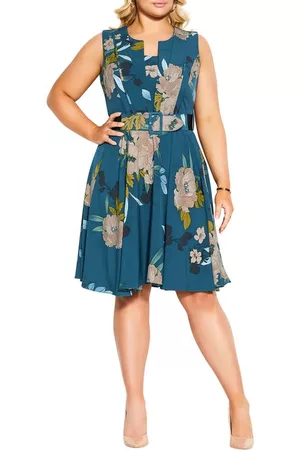 City Chic Alessia Floral Pleated Fit & Flare Dress in Teal Bold Bloom at Nordstrom