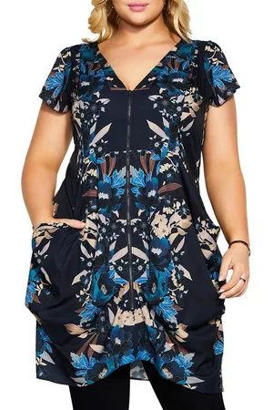 City Chic Emma Floral V-Neck Fitted Tunic Dress in Navy Mirror Bloom at Nordstrom